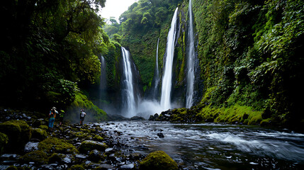 Fototapeta premium A group of people are standing near a waterfall in a lush green forest. generated using AI