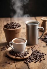 Fototapeta premium A stack of freshly ground coffee beans on a distressed wooden table next to a steaming hot espresso coffee cup, aromatic aroma, rustic decor.