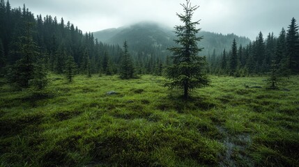 Fototapeta premium Misty mountain valley, lush green meadow, tranquil nature scene, perfect for wallpaper or screensaver