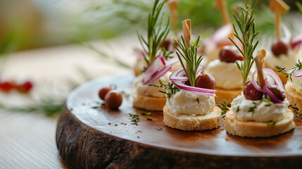 Elegant canap&eacute;s with cream cheese, olives, and red onion on a rustic plate, soft-focus gourmet background