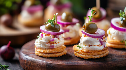 Elegant canap&eacute;s with cream cheese, olives, and red onion on a rustic plate, soft-focus gourmet background