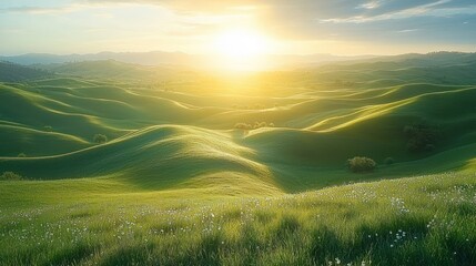 Naklejka premium Sunset over rolling green hills, wildflowers, peaceful landscape