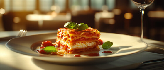 Elegant Italian lasagna presentation with side garnishes, soft window light enhancing textures