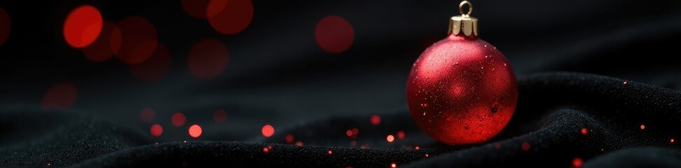 A single sparkling red glass ornament on a black velvet background, details, ornament