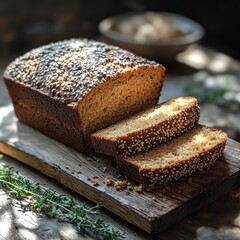 Sliced seeded loaf on wooden board, rustic table, herbs, cozy setting