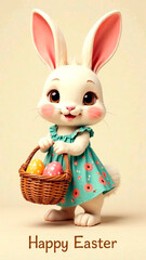 Mrs. Easter Bunny holds a basket of Easter eggs in his paw. Postcard, banner.