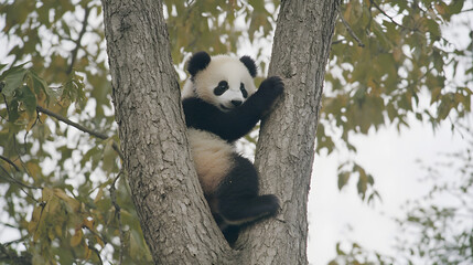 Cute panda hanging on a tree
