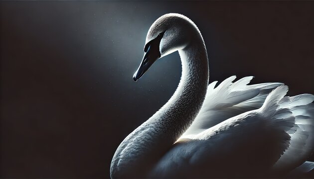 A portrait of a Trumpeter swan standing tall in a proud and graceful pose in a dark background