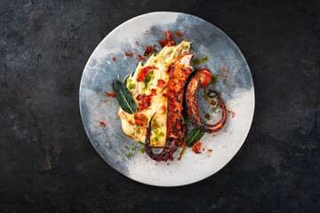 Authentical Italian polpo alla griglia su crema di patate with barbecued octopus, potato creme and fried bacon served as close-up on a Nordic design plate with copy space