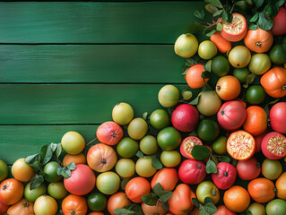 A vibrant array of juicy tropical fruit sprawls on the green background, Tropical freshness and color. Generative Ai