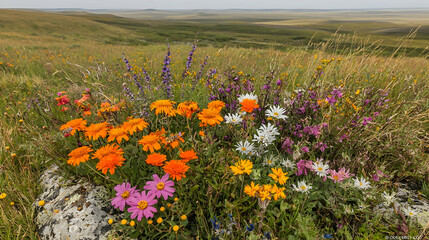 Prairie wildflowers bloom, scenic landscape background, nature photography, travel poster