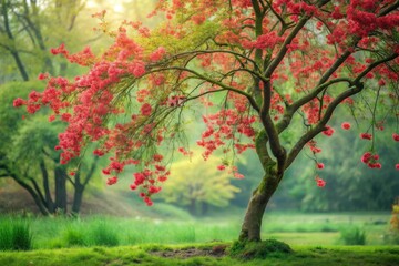 Serene Springtime Scene A Moss-Covered Tree Adorned with Vibrant Red Blossoms in a Lush Green Meadow