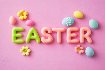 The word Easter is made of plasticine with decorative elements.