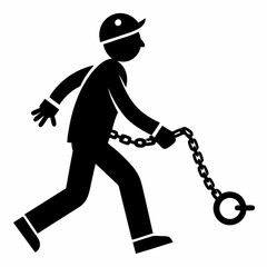 Fototapeta premium Silhouette of a Chained Prisoner Walking, Isolated on White Background. Captive, Freedom, Despair, 
