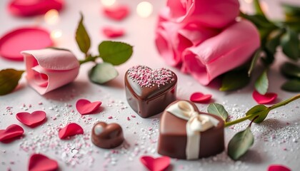 A composition full of love with heart-shaped chocolates, pink roses and flower petals. Perfect for expressing affection.