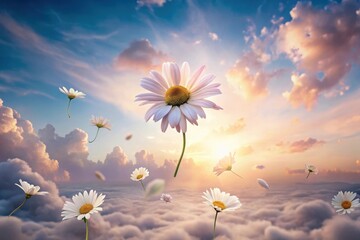 Serene Daisies Drifting on a Dreamlike Sunset Sky Above a Sea of Clouds