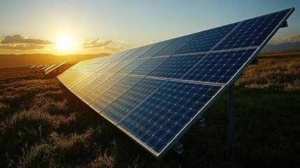 Sunset over solar panels in a field. Renewable energy (1)