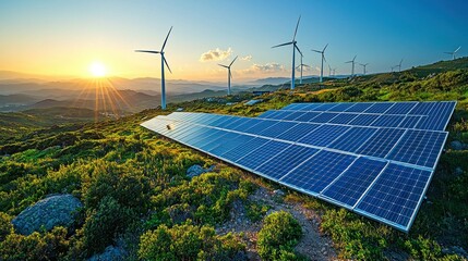 Sunset over solar panels and wind turbines on hillside