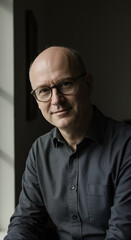 Obraz premium Portrait of an Intellectual: Bald Man in Glasses with Dark Shirt Smiling, Window Light, Serene, Thoughtful.