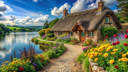 Picturesque thatched-roof cottage nestled beside a serene lake, surrounded by vibrant, blooming flowers and lush greenery, creating a tranquil and idyllic scene.
