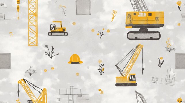 Seamless Construction-Themed Pattern with Cranes, Hard Hats, and Flowers in a Hand-Drawn Style for Urban Development, Architecture, and Industrial Concepts - Powered by Adobe