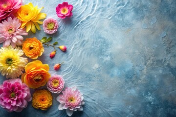 Vibrant floral arrangement on a textured blue backdrop, showcasing a delightful composition of various blossoms with copy space
