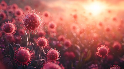 Obraz premium enchanting floral landscape with virus-like blooms at sunset