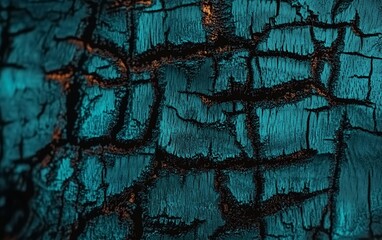 High-resolution closeup of vibrant blue charred wood texture with deep cracks and rough burnt surface creating a unique abstract background for artistic and graphic design
