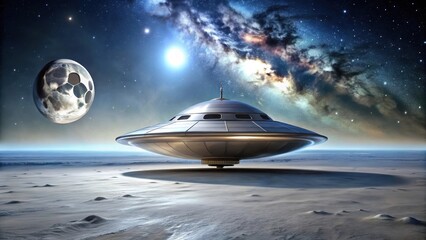 Obraz premium A Futuristic Spaceship Descends Onto an Icy, Alien Planet Under a Starry Sky with a Celestial Body