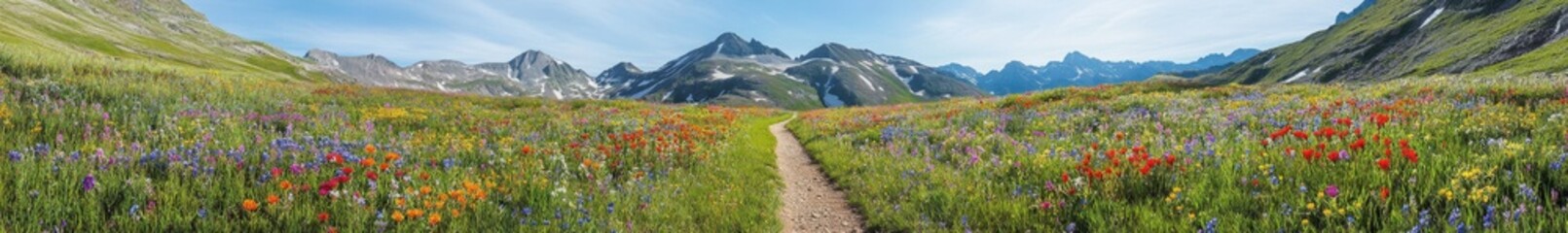 Mountain Meadow Path with Wildflowers and Peaks