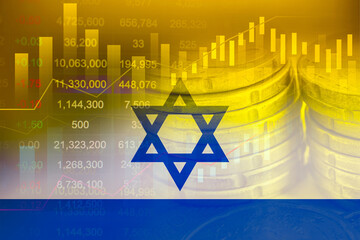 Israel flag on stock investment trading with coin and graph.