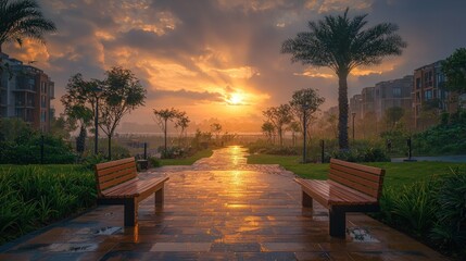 Fototapeta premium Sunset park pathway benches cityscape