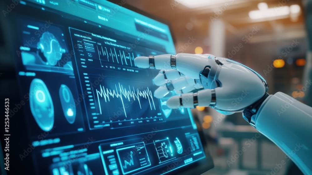 Poster robotic hand interacts with a digital interface displaying complex data and graphs, showcasing advan