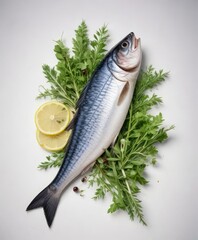 Isolated caned mackerel fillet against a white background with a small amount of greens, fish, food item