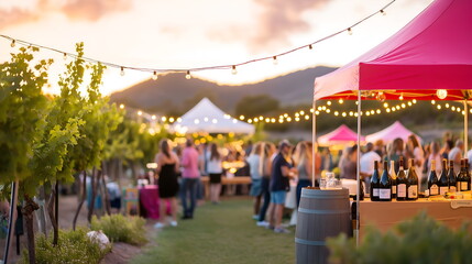 Fototapeta premium Wine festival, lively outdoor event with people tasting wine, colorful tents, and vineyards in the background