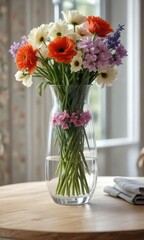 A still life of a glass vase filled with fresh flowers on a table with soft focus, glass vase, elegance, table decor