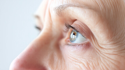 Close-Up of Senior Woman Applying Eye Cream, Highlighting Wrinkles and Skincare Routine, Stock Photo Style with Space for Text