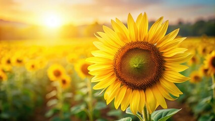 Fototapeta premium Large bright yellow sunflower in a field with soft focus background and gentle breeze blowing petals, landscape, sunlight
