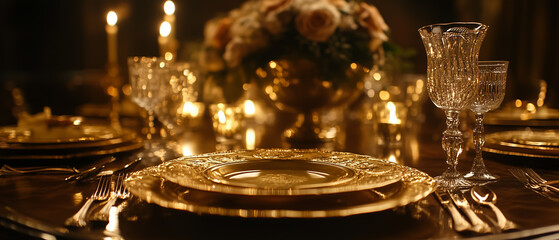 Fototapeta premium Golden cutlery, rose bouquet centerpiece, soft candlelight illuminating the dining area-1
