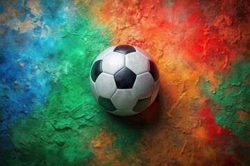 Naklejka premium A single soccer ball rests on a vibrant, textured surface with splashes of color
