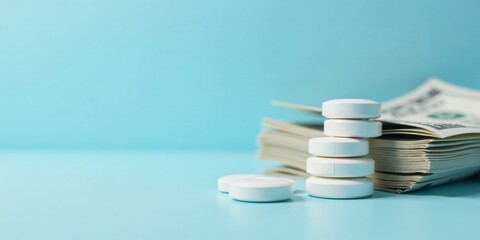 A stack of white pills rests beside a neatly organized bundle of paper currency on a light blue surface.