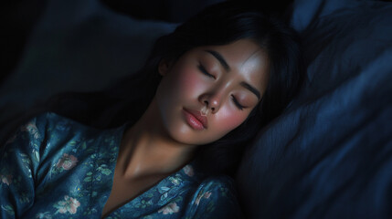 Fototapeta premium Beautiful Asian Woman in a nightgown pajamas standing in the bedroom at night moonlit moonlight awake sleepwalking
