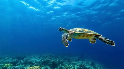 Sea turtle swimming underwater freedom concept. A serene underwater scene featuring a turtle gliding through clear blue waters above a vibrant coral reef.