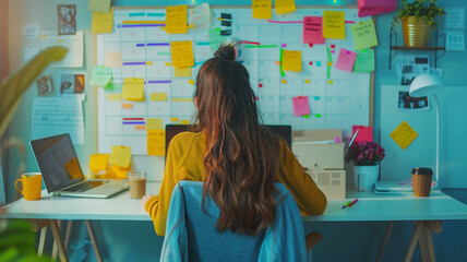 Focused on organizing her week, a woman writes goals on a whiteboard using colorful markers. Her desk is equipped with a mug of tea, a laptop, and inspiring sticky notes for motivation.