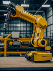 Fototapeta premium Yellow robotic arm on a table in a modern warehouse, machinery for industrial applications and processes