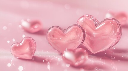 Holographic hearts on a pink background with copy space for the text.