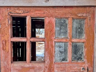 antique window with broken glass peeling paint background texture