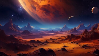 venus landscapes concept, the venus surface with dark night universe in background with stars