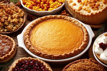 Family gathers for Thanksgiving with a traditional menu of turkey, green beans, mashed potatoes, stuffing, pumpkin pie, apple pie, and pecan pie, all served on a rustic wooden table