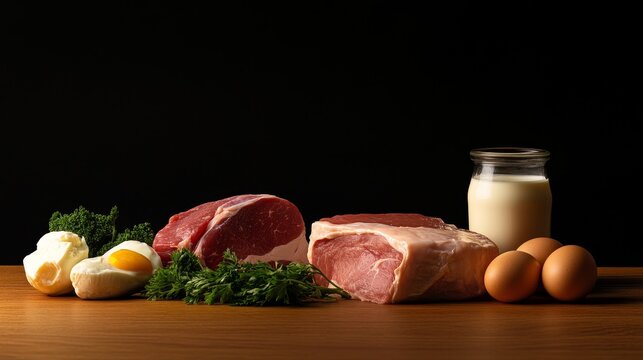 Fresh meat cuts, egg, and milk arranged on a wooden table with dark background, ideal for culinary use